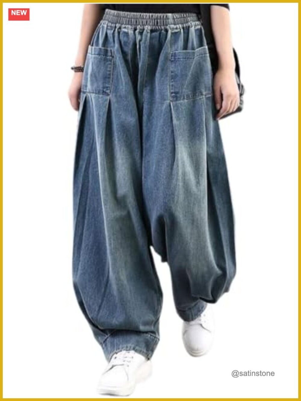 Women's Denim Harem Pants Elastic Waist Pleated Wide Leg Baggy Jeans